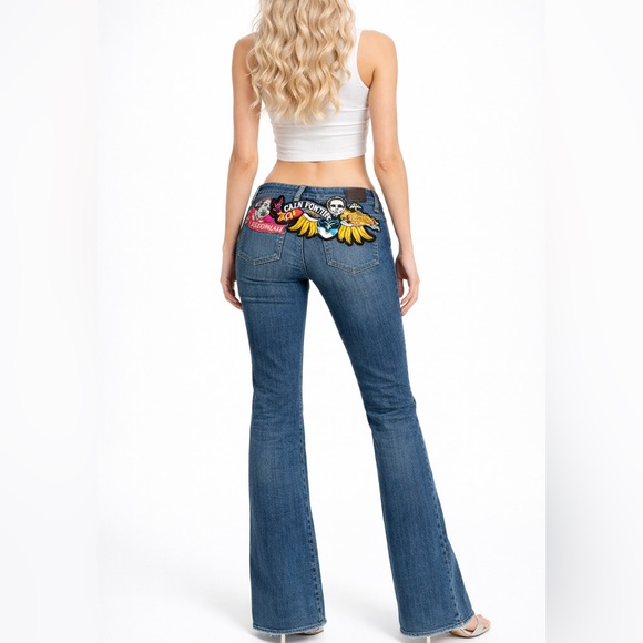 ❤️ Vintage Von Dutch Women's Dark Blue Flare Jeans with Colorful Embroidery - Picture 2 of 6